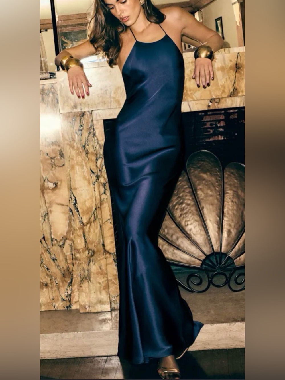 Reformation Jeany Silk Halter Maxi Dress Navy NWT Size L Open Back Bias Cut Gown - Picture 1 of 8
